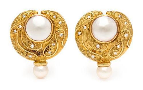 A Pair of 18 Karat Yellow Gold, Mabe Pearl, Cultured Pearl and Diamond Earclips, Elizabeth Gage, 18.20 dwts.