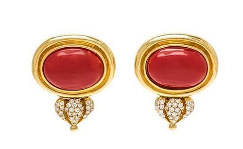 A Pair of 18 Karat Yellow Gold, Coral and Diamond Earclips, 16.30 dwts.