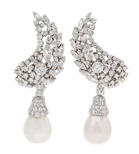 A Pair of Platinum, Diamond and Cultured Pearl Earclips, Seaman Schepps, 28.15 dwts.