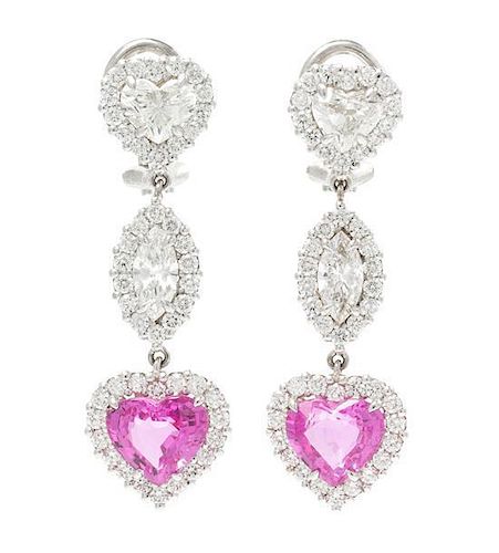 * A Pair of White Gold, Diamond and Pink Sapphire Pendant Earrings, 4.80 dwts.