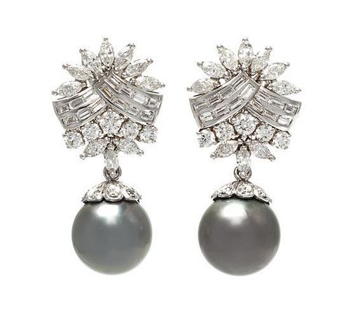 A Pair of 18 Karat White Gold, Diamond, and Cultured Tahitian Pearl Earclips, Tiffany & Co., 9.00 dwts.