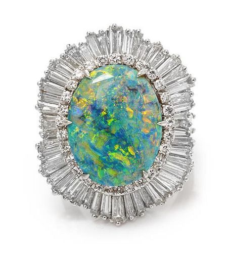 A Platinum, Grey Opal, and Diamond Ring/Pendant, 13.90 dwts.