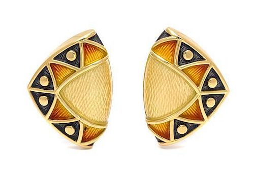 * A Pair of 18 Karat Yellow Gold and Polychrome Enamel Earclips, de Vroomen, 20.50 dwts.