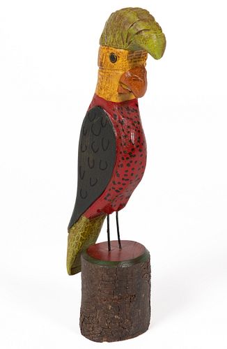 RONALD "RONNIE" DARROW (MT. SIDNEY, VIRGINIA) FOLK ART CARVED AND PAINTED PARROT / COCKATOO