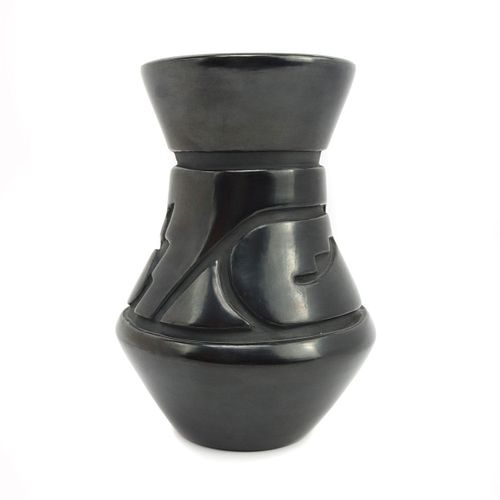 Virginia Ebelacker - Santa Clara Polished Blackware Vase with Carved Design c. 1980s, 7.5" x 5.25" (P3570-127)
