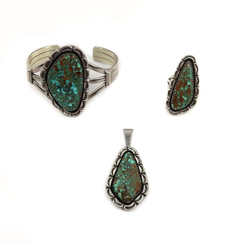 Ed Kee - Navajo Turquoise and Silver Bracelet, Ring and Pendant Set c. 1990-2000s (J15416)