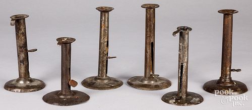 Six tin hog scraper candlesticks, 19th c.