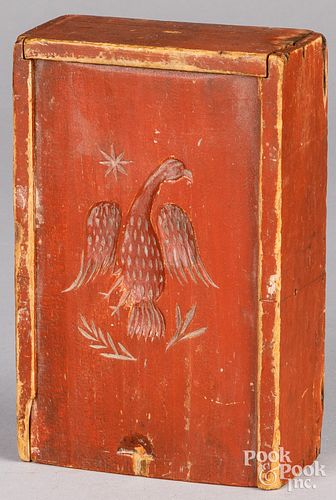 Carved and painted pine slide lid box, 19th c.