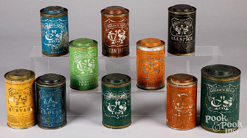Ten early stencil painted spice tins
