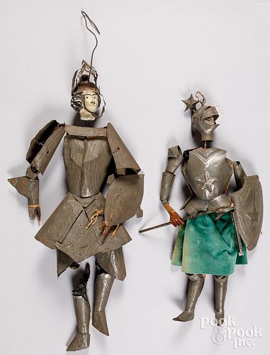Two tin and wood articulated knights in armor