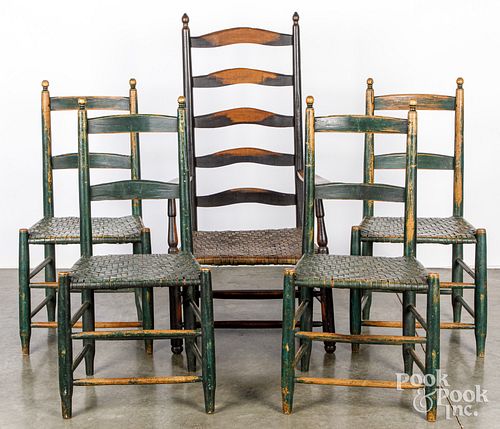 Set of four painted rush seat side chairs, 19th c.