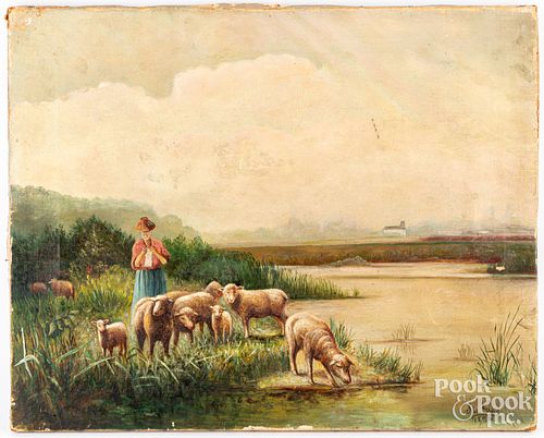 Oil on canvas landscape with sheep and shepherdess