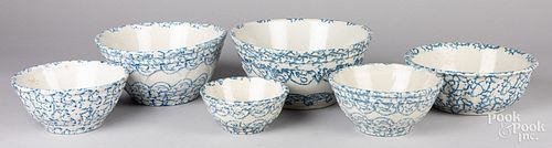 Six blue and white spongeware bowls, 19th c.
