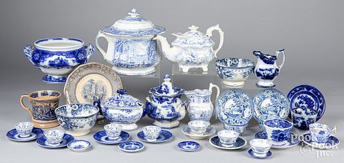 Large group of blue and white transfer porcelain