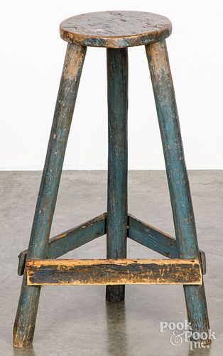 Primitive painted three leg work stool, 19th c.