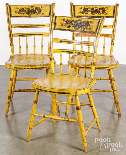 Three New England painted plank bottom chairs