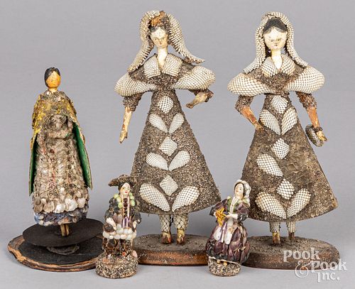 Five peg wooden seashell dolls, 19th c.