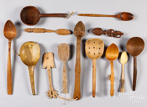 Carved wood and horn spoons and ladles