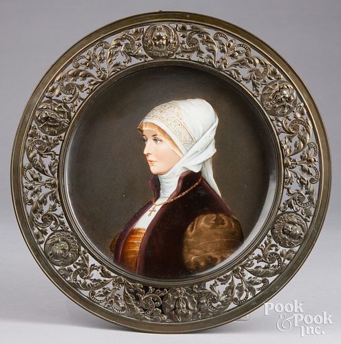 Painted porcelain plaque of a woman