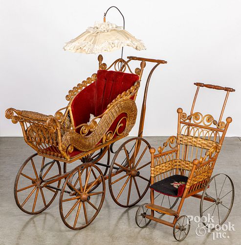 Wicker doll carriage and baby carriage