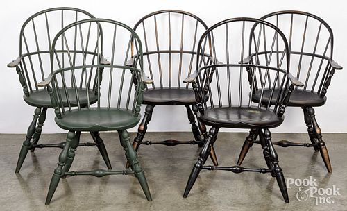 Five sackback Windsor chairs.
