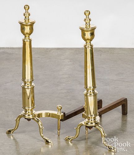 Two pairs of Federal style brass andirons