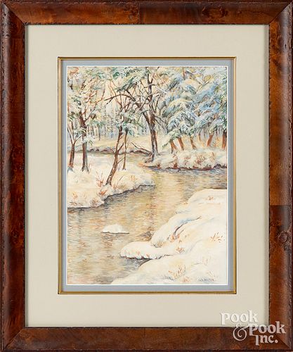 Watercolor and gouache winter landscape