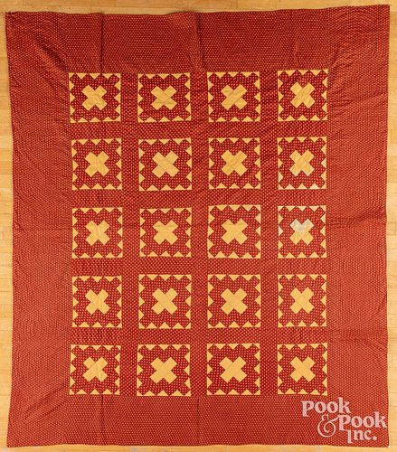Red and orange pieced quilt, ca. 1900