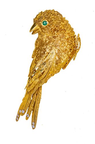 18K Yellow Gold And Diamond Goldfinch Brooch, 38 Grams L 2.5''