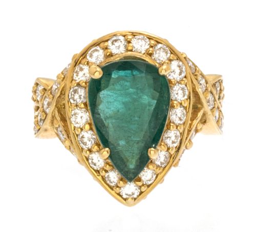 2.58 Carat Natural Emerald, 5.5 Carat Diamond & 18kt Gold Ring, Size: 4.75