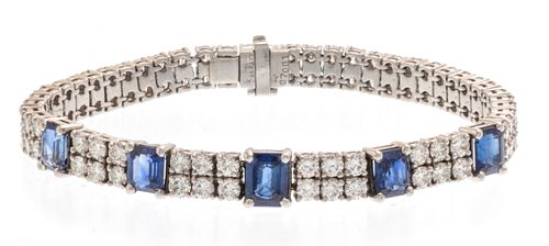 Diamond And 3 Carat Natural Blue Sapphire Bracelet, Platinum C. 1940, L 7''
