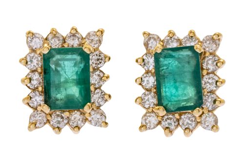 Emerald And Diamond Earrings, 14K Yellow Gold, H 0.5'' W 0.7''
