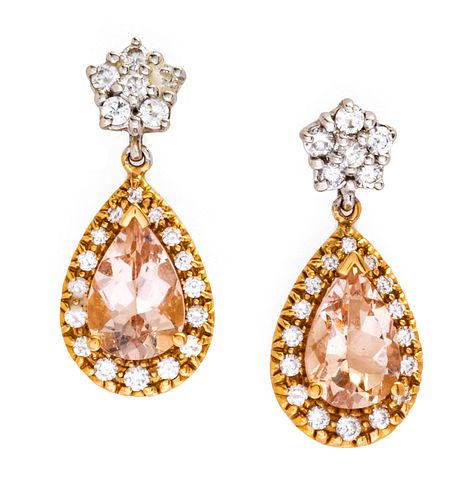 Morganite Earrings With Diamonds, 18K Rose Gold, H 1''