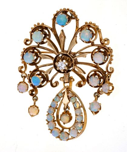 Opal And 14K Yellow Gold Brooch - Pendent, Central Diamond C. 1940