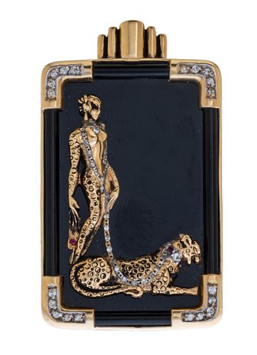 Erte 14K Yellow Gold Pin - Pendant, Lady And Leopard H 2.3'' W 1.3''