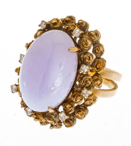 14K Yellow Gold Oval Lavender Jadeite Ring, Size 6