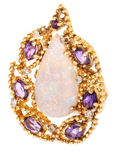Opal Teardrop Ring, Diamonds And Amethysts, Size 7 1/4