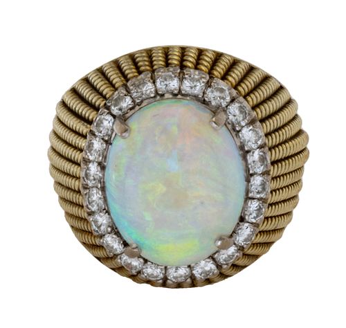 Jelly Opal And Diamonds, 14K Yellow Gold Ring, Size 6 1/2