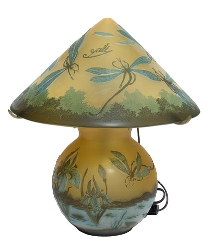 After Galle Cameo Glass, Dragonfly Lamp H 14'' Dia. 12''