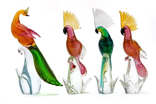 Murano Art Glass Figurines, C. 1960, Birds Of Paradise, H 15'' L 10'' 4 pcs