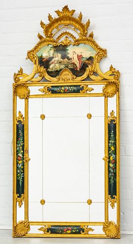 French Trumeau Style Gilded & Painted Wood Mirror, H 61'' W 28.5''