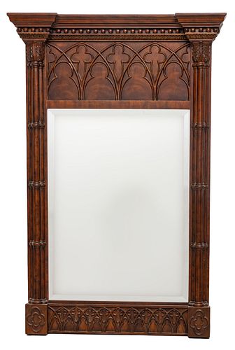 Gothic Style Stained Wood Mirror, H 52'' W 31''