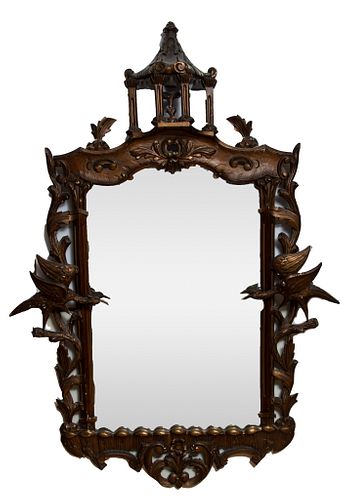 George II Style Chinese Chippendale Style Gilded Wall Mirror C. 1920, H 53'' W 36''