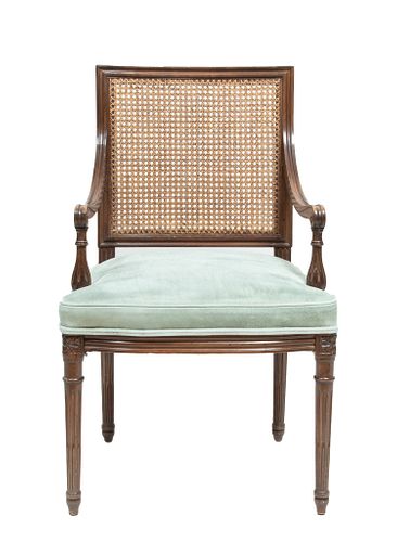 Louis XVI Style Cane Back & Suede Armchair, H 35.5'' W 22'' Depth 19''