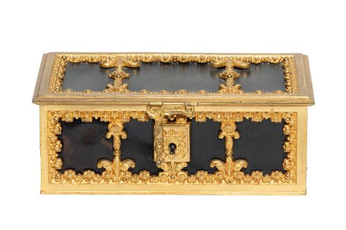 Leather And Gilt Ormolu Hinged Jewelry Chest C. 19th.c., H 3'' W 4'' L 8''