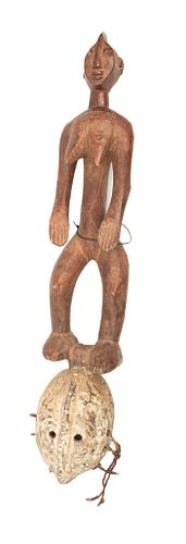 African, Ebu, Nigeria, Polychrome Carved Wood Mask, H 39", W 7", Standing Female Figure On Top.