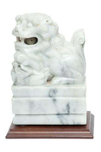 Chinese Marble Carved Foo Dog On Plinth C. 1900, H 9'' W 6'' L 4''
