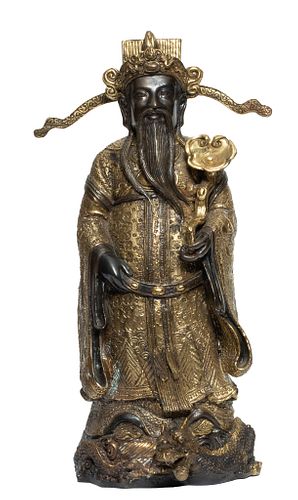 Chinese Bronze Standing Deity On Dragon H 14''