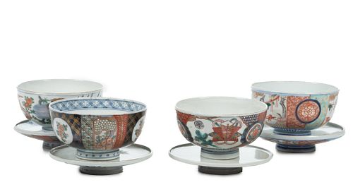 Japanese Imari Porcelain Covered Soup Bowls, C. 1830, H 3.5'' Dia. 5'' 8 pcs