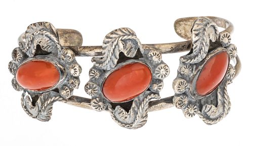 Navajo Coral And Sterling Cuff Bracelet C. 1940, W 2.5'' 37g